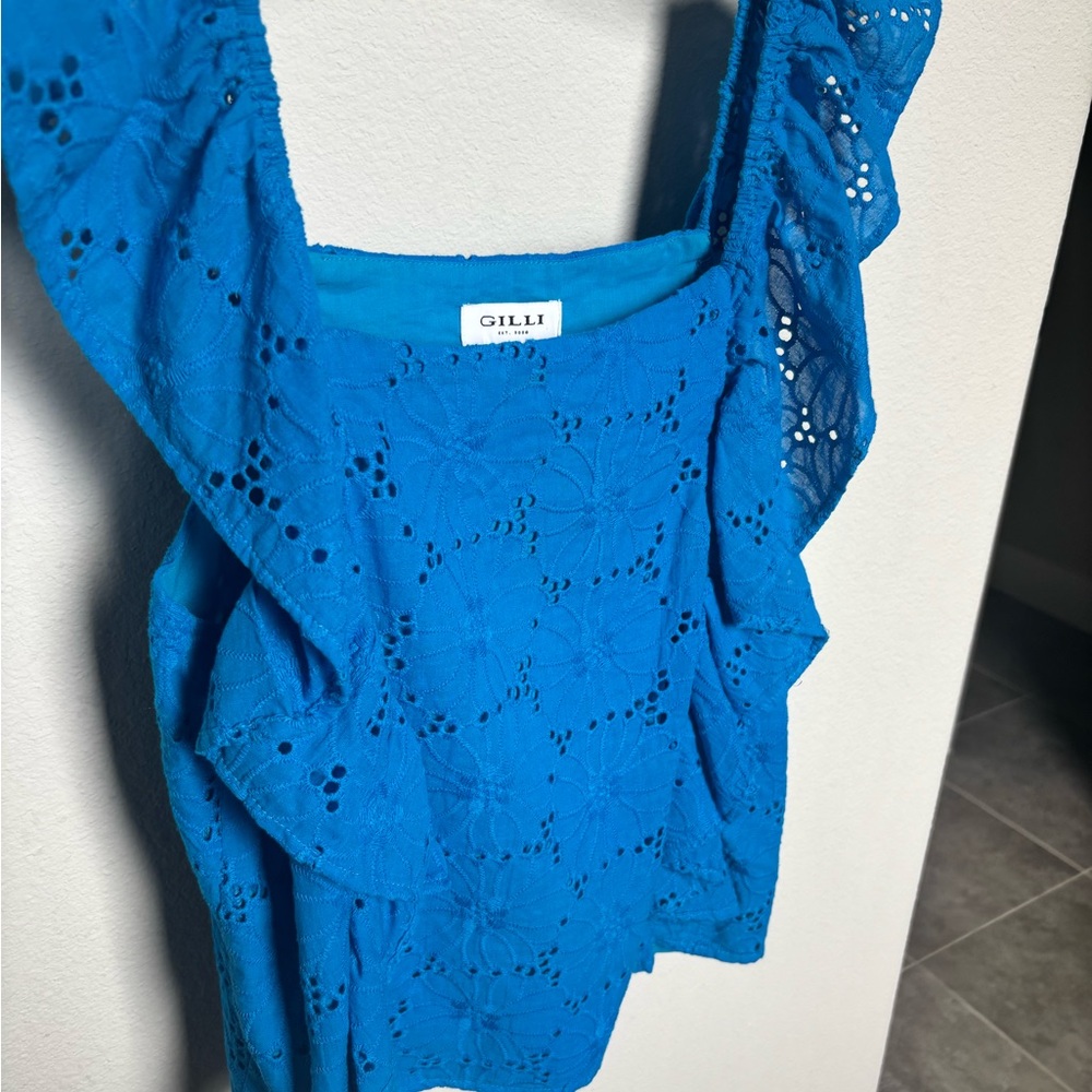 Blue Eyelet Ruffle Top - Picture 2 of 3